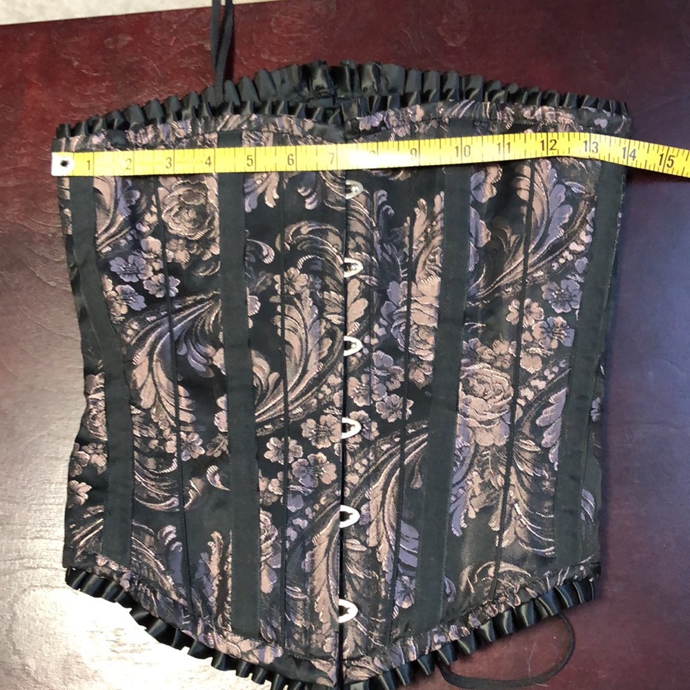 25” Overbust Corset Ruffle Black Pink Lilac Pattern Damask Jacquard Witchy Fairy - Picture 12 of 12